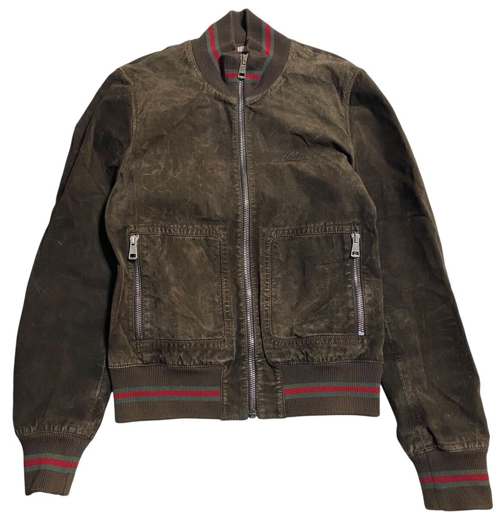 Gucci Chest Logo Embroidered Suede Leather Jacket with Sherry Line Brown Size 48