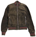 Gucci Chest Logo Embroidered Suede Leather Jacket with Sherry Line Brown Size 48