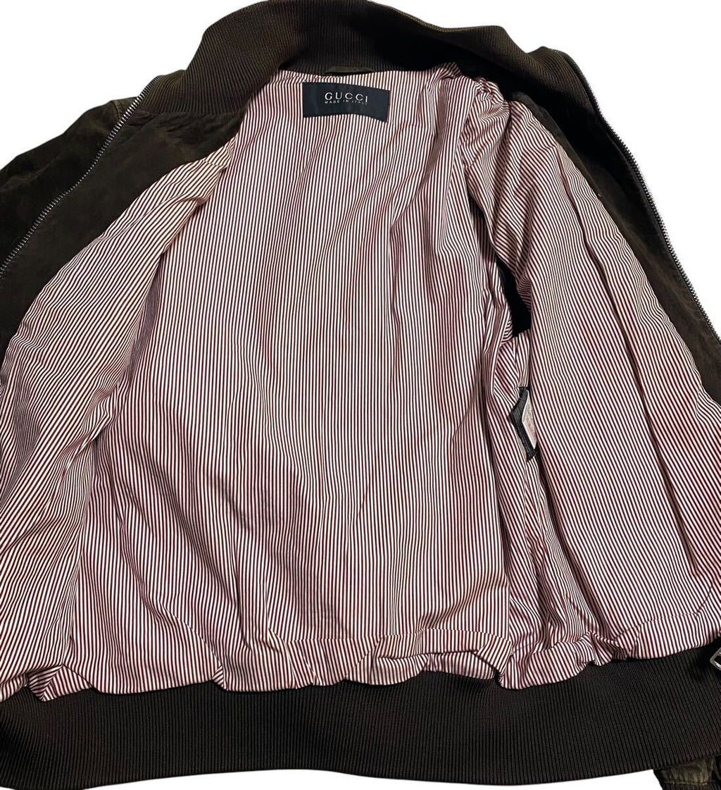 Gucci Chest Logo Embroidered Suede Leather Jacket with Sherry Line Brown Size 48