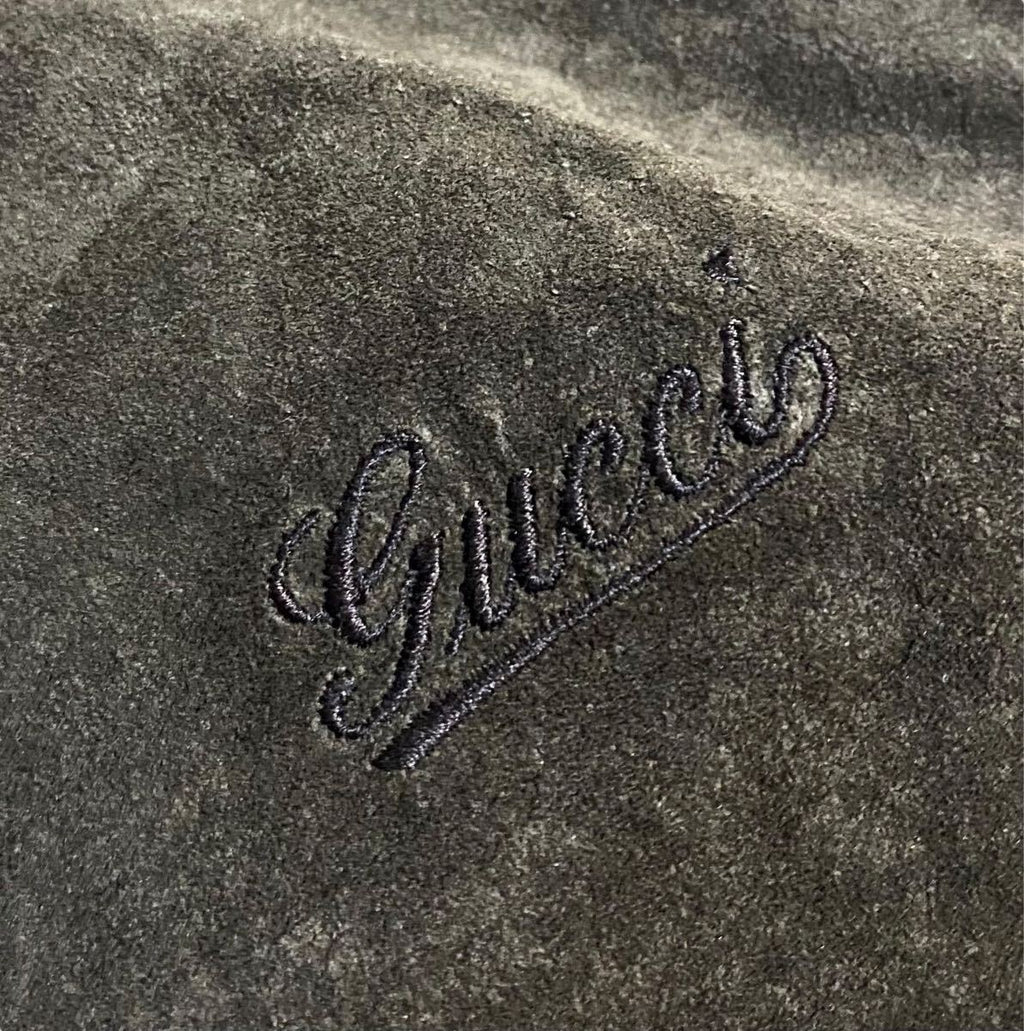 Gucci Chest Logo Embroidered Suede Leather Jacket with Sherry Line Brown Size 48