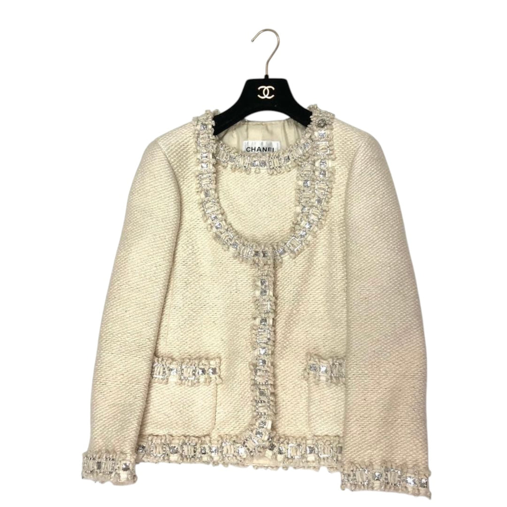 CHANEL Bijou-Embellished Silk Tweed Collarless Jacket Size 38