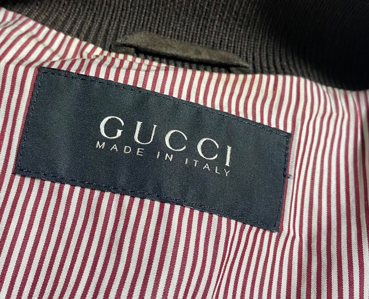 Gucci Chest Logo Embroidered Suede Leather Jacket with Sherry Line Brown Size 48