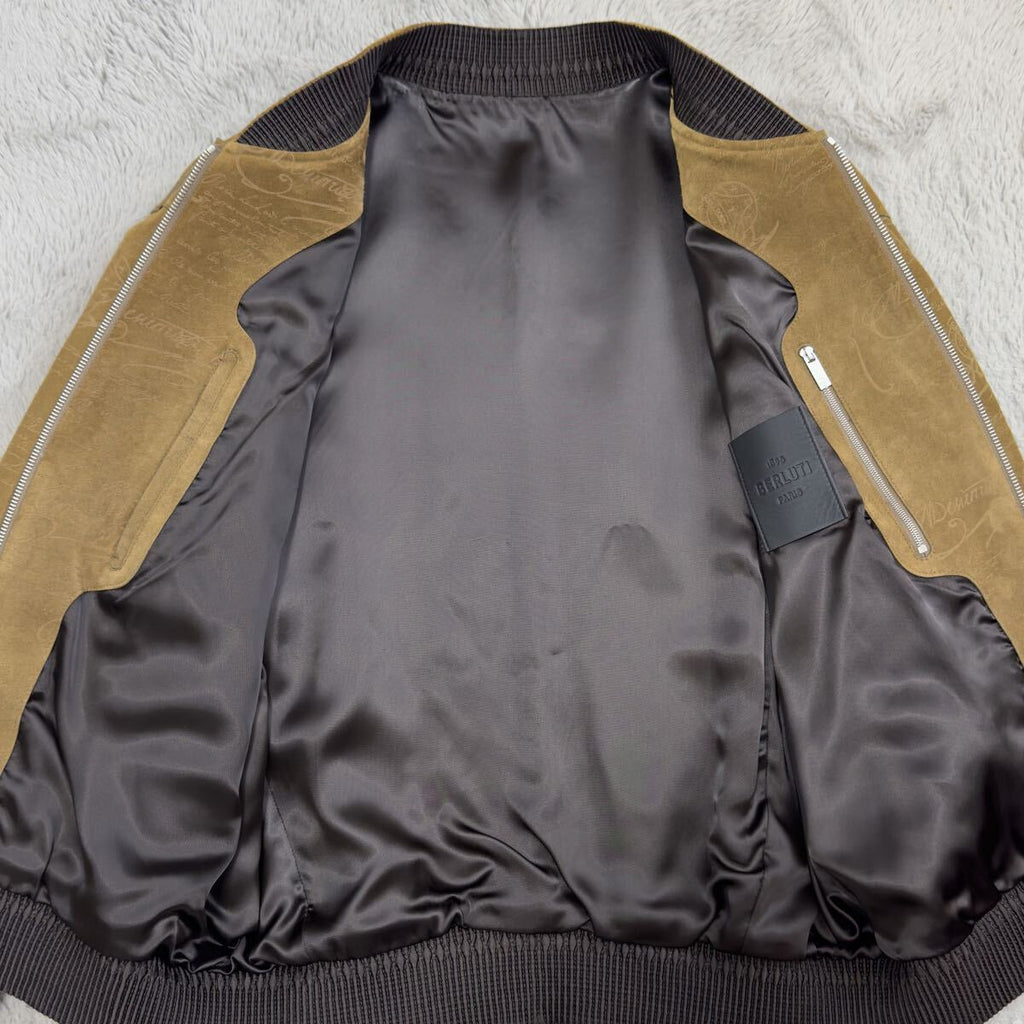 $9000 Berluti 2023 Limited Calligraphy Scritto Suede Leather Bomber Jacket Brown Size 48