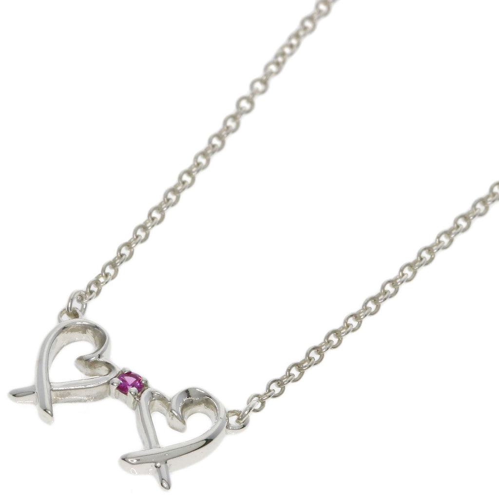 TIFFANY & Co. Double Loving Heart Pink Sapphire Silver Necklace