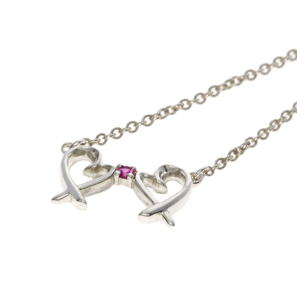 TIFFANY & Co. Double Loving Heart Pink Sapphire Silver Necklace