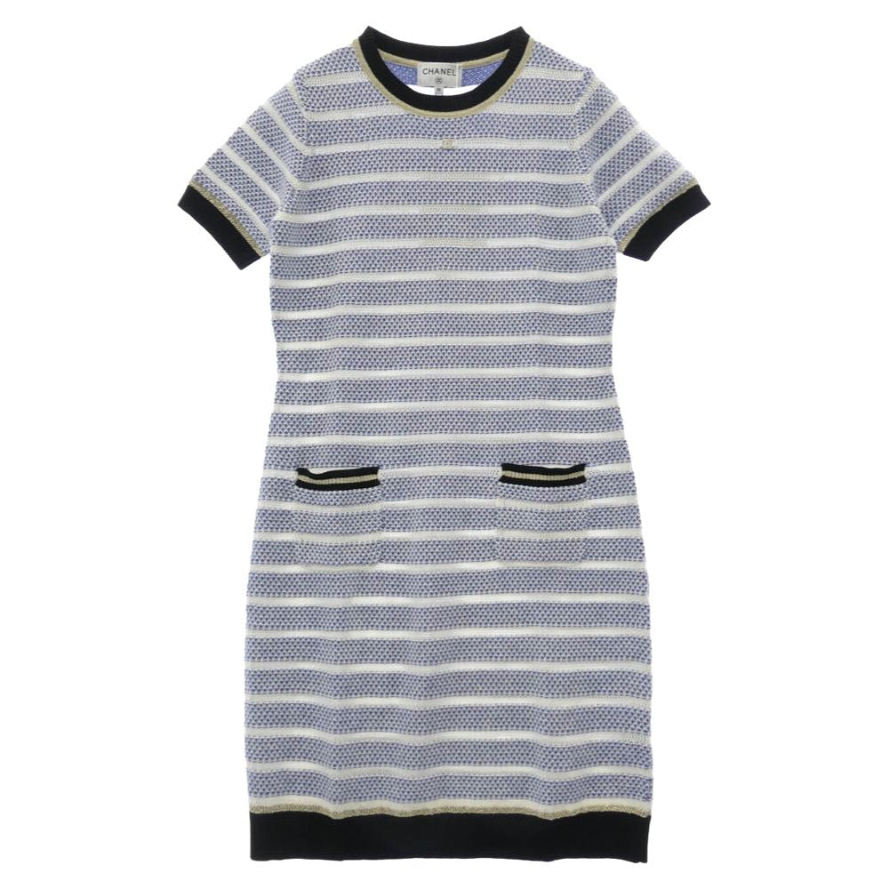 CHANEL Cashmere Wool Striped Sequin Knit Dress Blue & White Size 36
