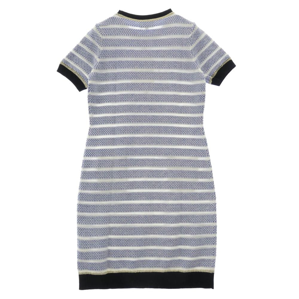 CHANEL Cashmere Wool Striped Sequin Knit Dress Blue & White Size 36