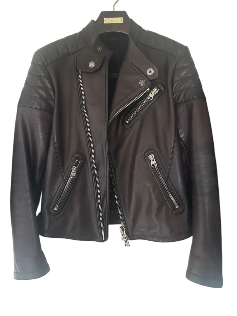 TOM FORD Icon Biker Cowhide Leather Jacket Dark Brown Size 46