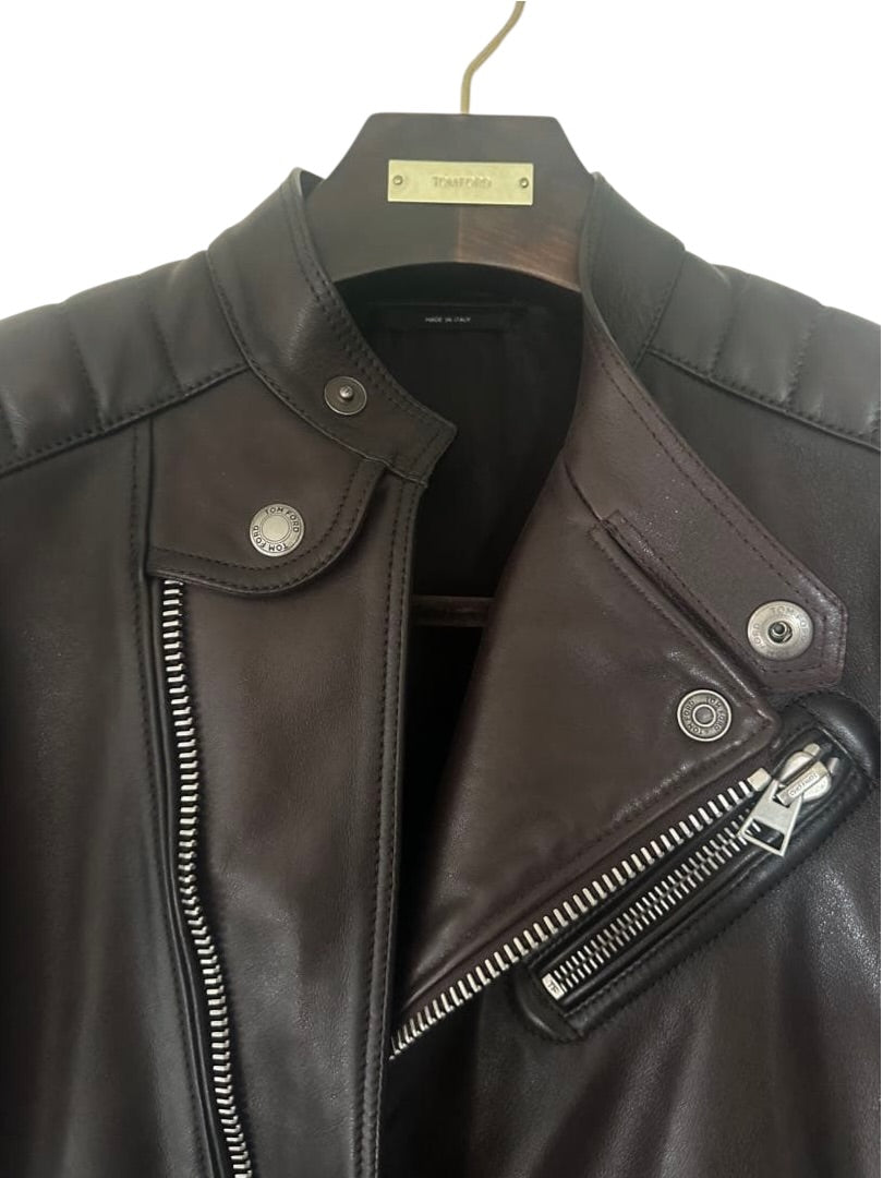 TOM FORD Icon Biker Cowhide Leather Jacket Dark Brown Size 46