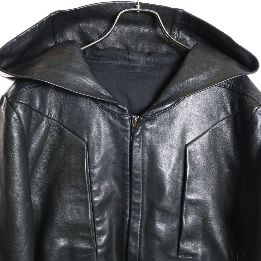 Rick Owens 23SS EDFU Leather Hooded Shearling Jacket Size 44 — Black