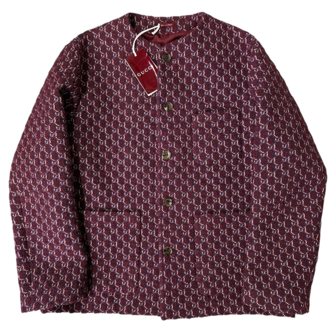 GUCCI GG Wool Tweed Collarless Jacket Bordeaux Size 50