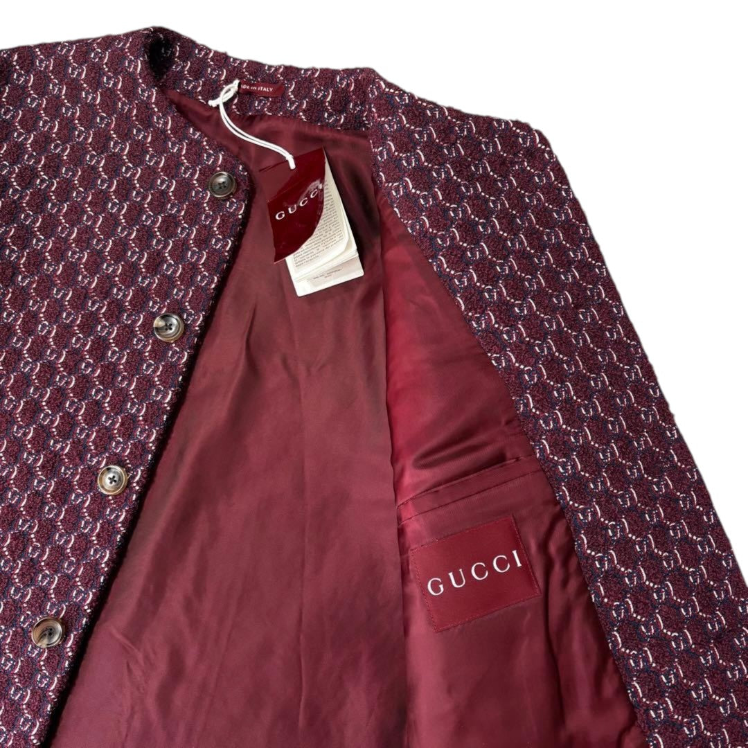 GUCCI GG Wool Tweed Collarless Jacket Bordeaux Size 50