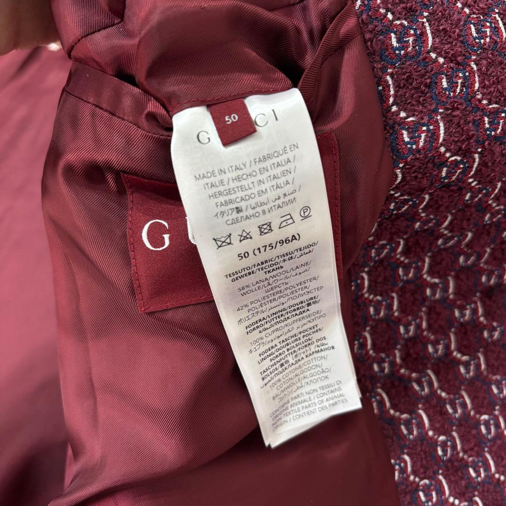 GUCCI GG Wool Tweed Collarless Jacket Bordeaux Size 50