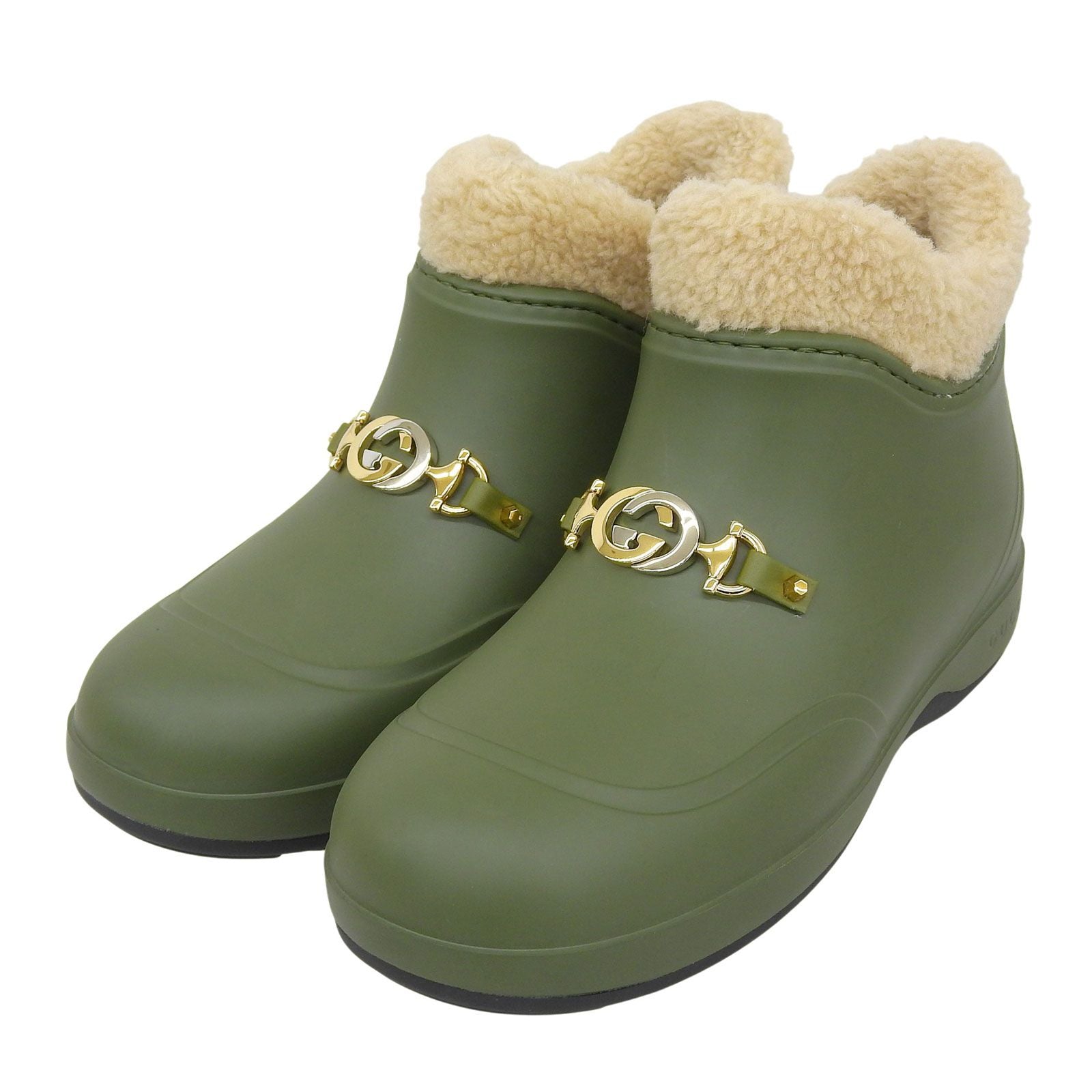 GUCCI Interlocking G Wool Lining Rubber Boa Short Boots – Khaki Green Size 38 – Unworn