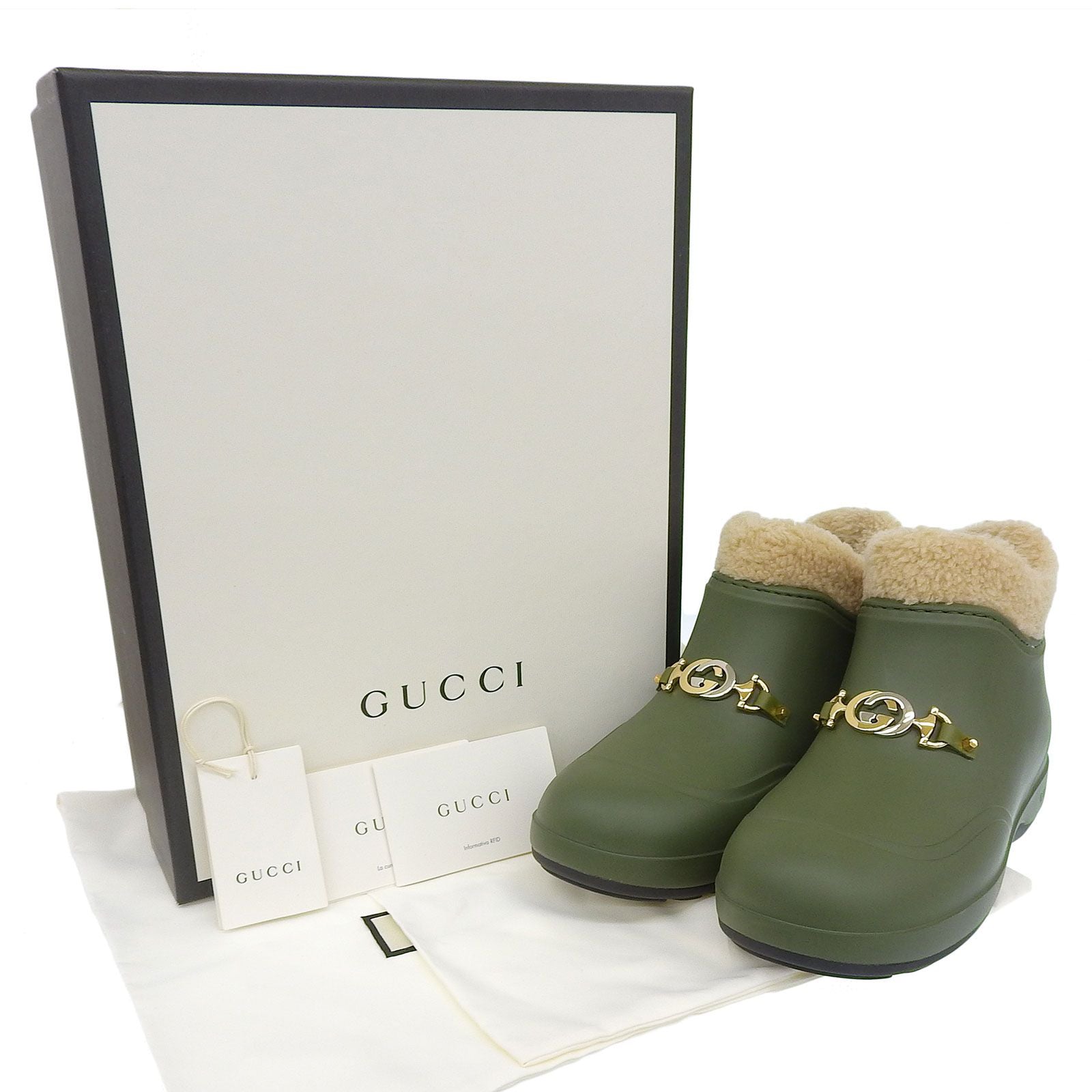 GUCCI Interlocking G Wool Lining Rubber Boa Short Boots – Khaki Green Size 38 – Unworn