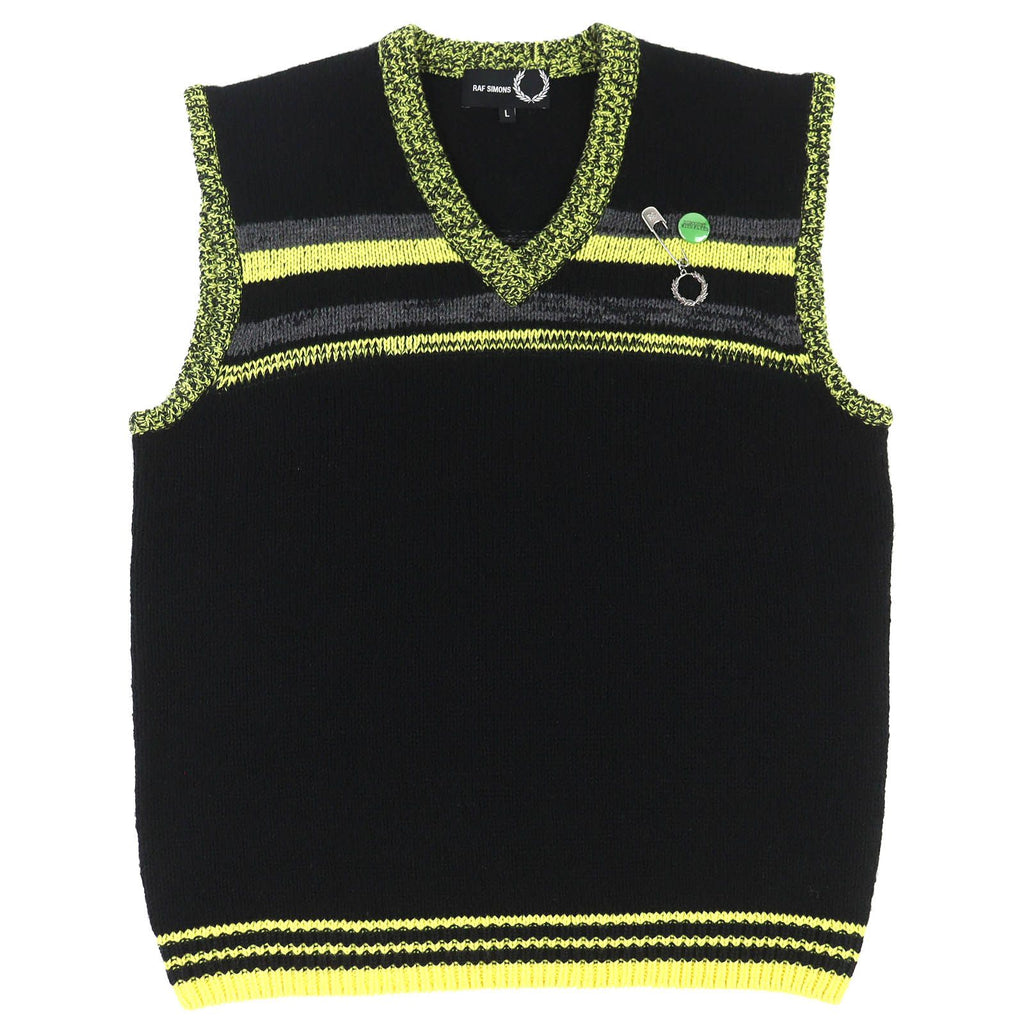 RAF SIMONS × FRED PERRY ウールブレンド Vネックニットベスト – ブラック & イエロー サイズL