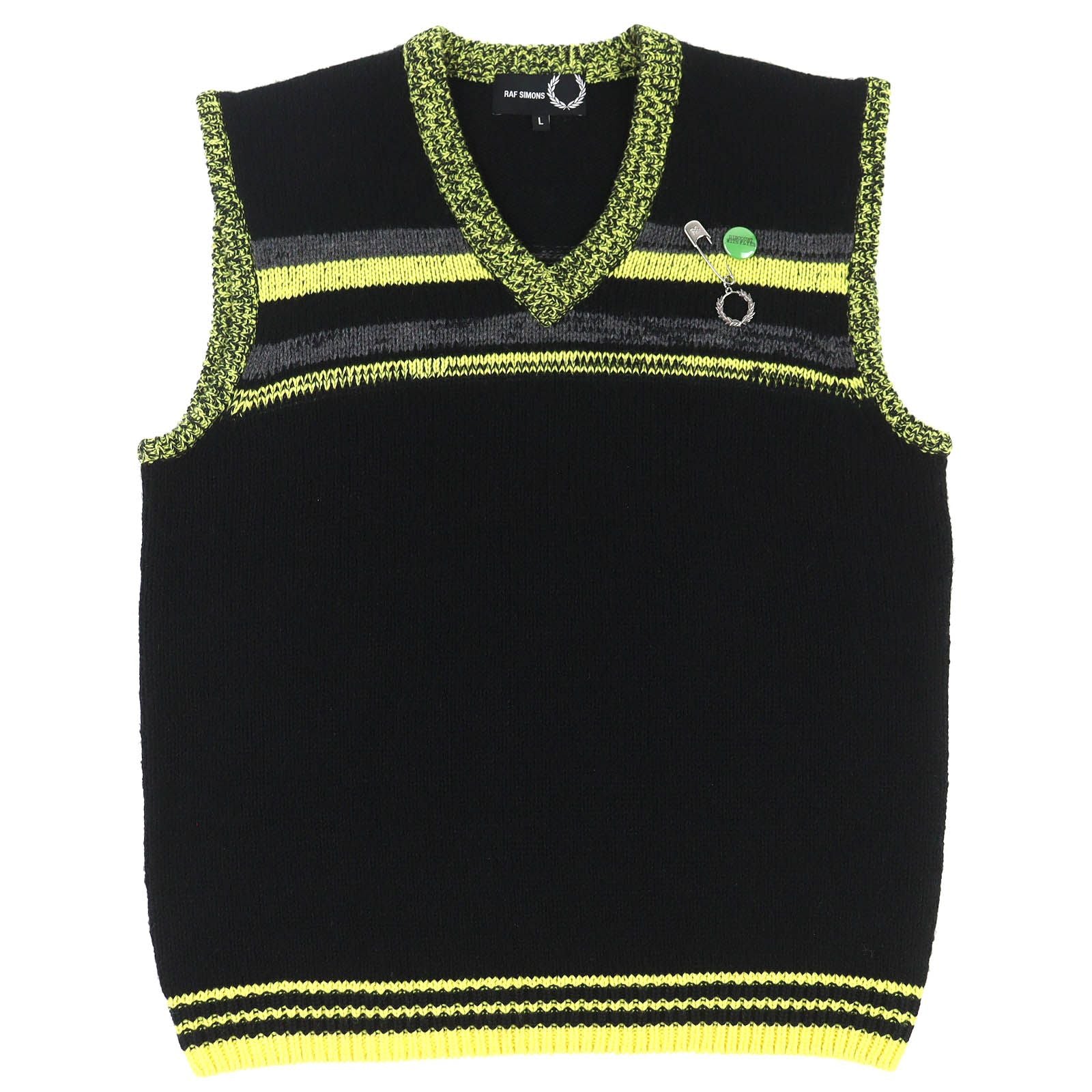 RAF SIMONS × FRED PERRY ウールブレンド Vネックニットベスト – ブラック & イエロー サイズL