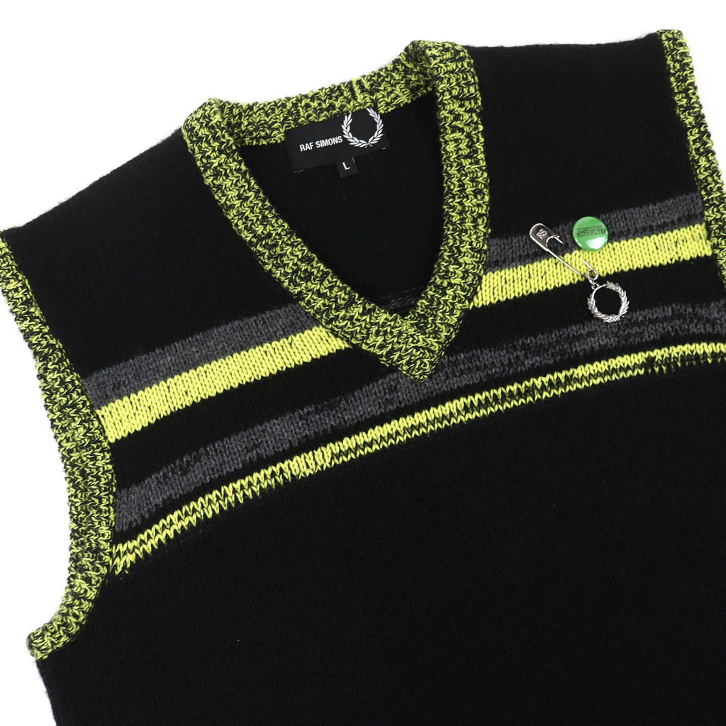 RAF SIMONS × FRED PERRY ウールブレンド Vネックニットベスト – ブラック & イエロー サイズL
