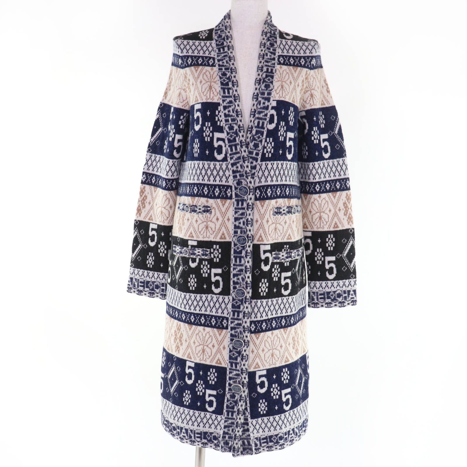 CHANEL Cashmere 100% Coco Button All-Over Logo Long Knit Cardigan Size 38 – Multicolor