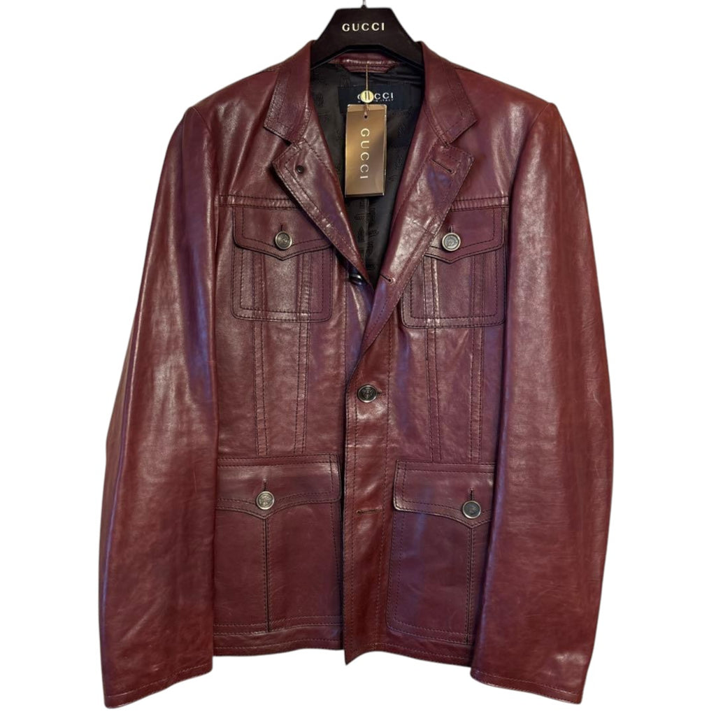 New GUCCI Burgundy Cowhide Leather Jacket Size 44