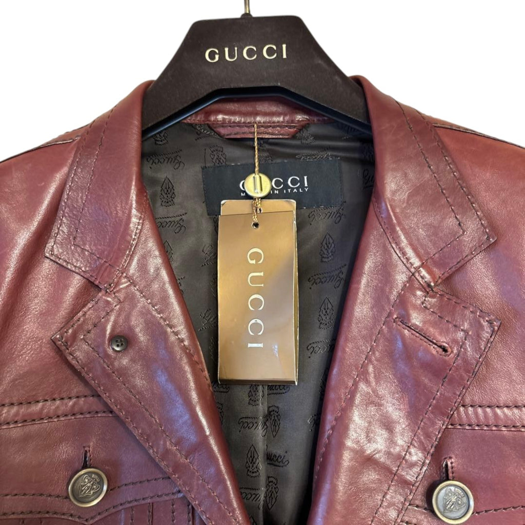 New GUCCI Burgundy Cowhide Leather Jacket Size 44