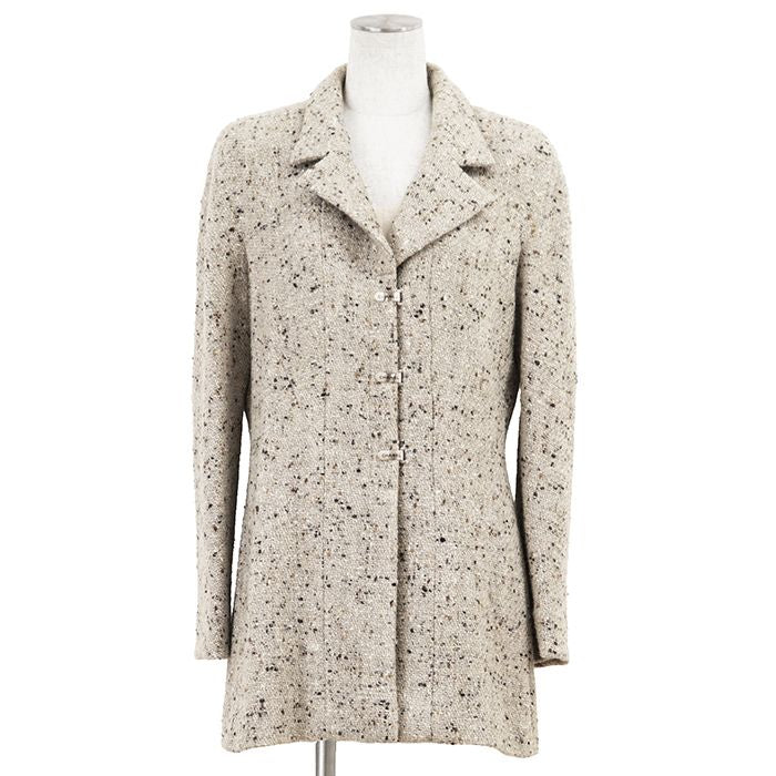 CHANEL 99A Karl Lagerfeld-Era Metallic Tweed Long Jacket Greige Size 40