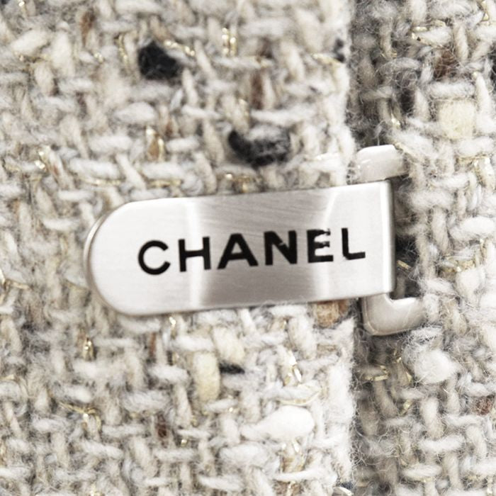CHANEL 99A Karl Lagerfeld-Era Metallic Tweed Long Jacket Greige Size 40