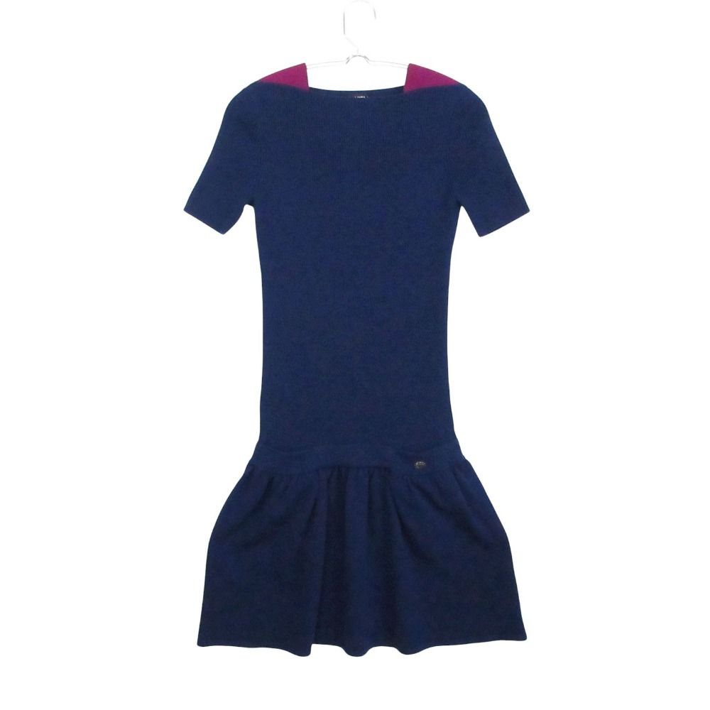 CHANEL Bicolor Cashmere Blend Rib Knit Dress Navy Size 34