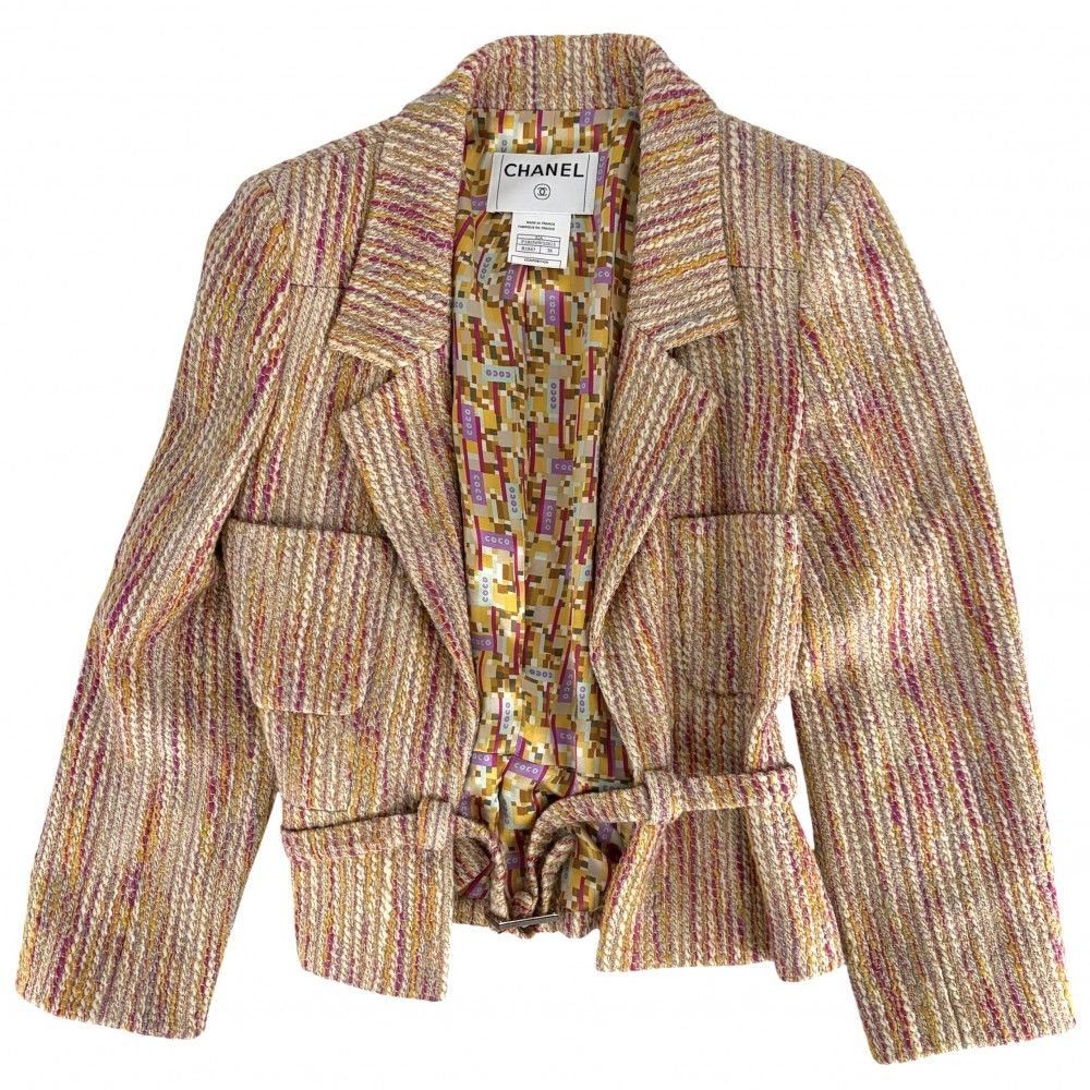 CHANEL Belted Tweed Jacket Beige Pink Gold Size 38