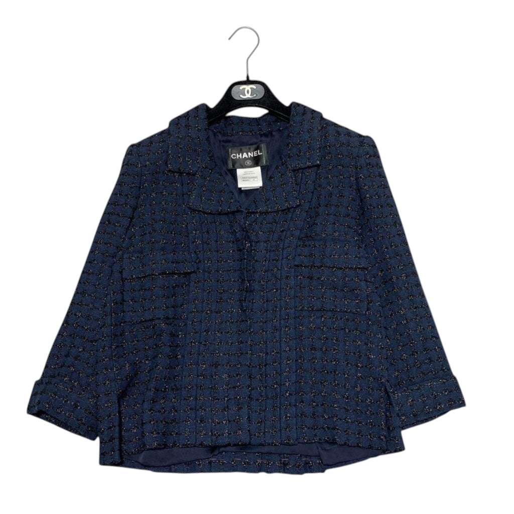 New CHANEL Pleated Tweed Jacket Navy Size 34