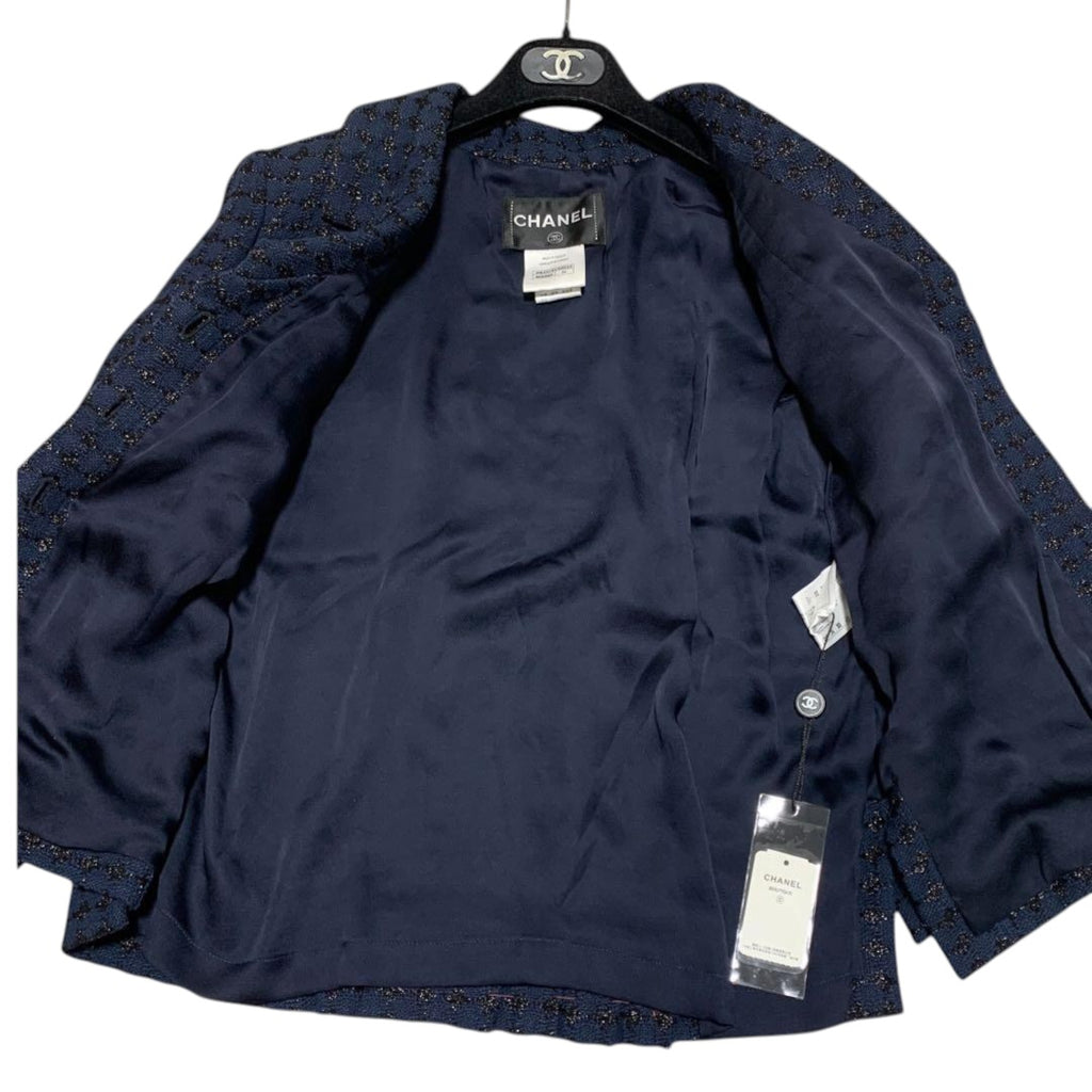 New CHANEL Pleated Tweed Jacket Navy Size 34