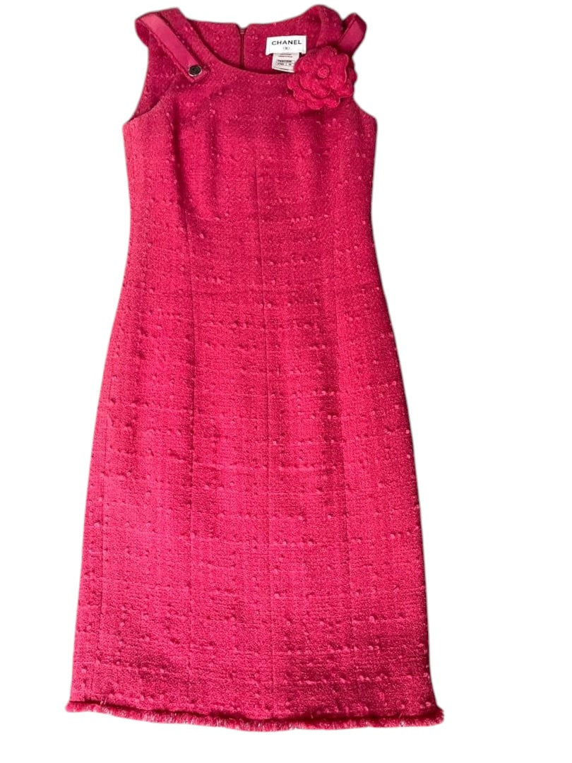 CHANEL Camellia CC Button 2-Way Tweed Dress with Brooch Size 34
