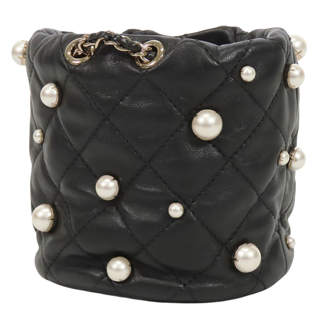 CHANEL Classic Matelasse Bucket Bag with Chain — Black Lambskin & Faux Pearl, Gold Hardware, Series 31