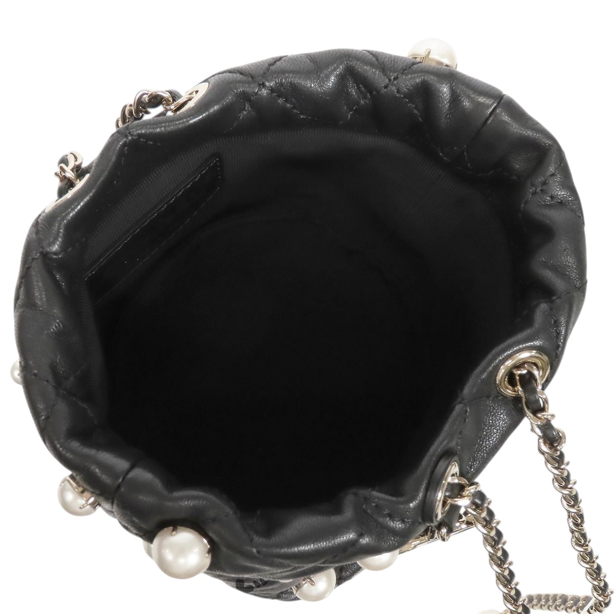 CHANEL Classic Matelasse Bucket Bag with Chain — Black Lambskin & Faux Pearl, Gold Hardware, Series 31
