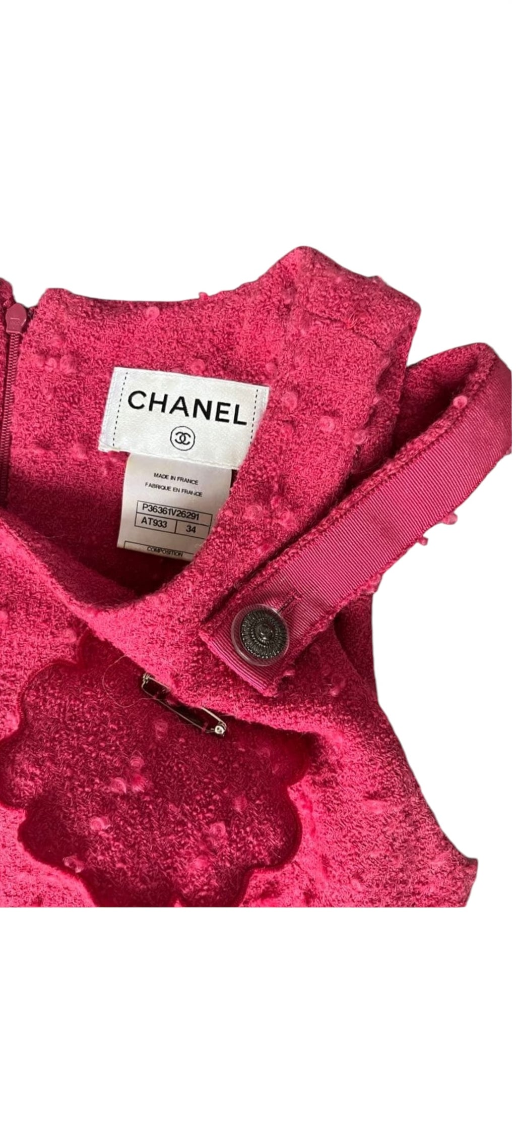 CHANEL Camellia CC Button 2-Way Tweed Dress with Brooch Size 34