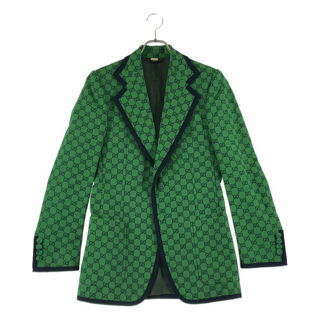 GUCCI GG Jacquard All-Over Pattern Tailored Jacket — Green/Navy, Size 44