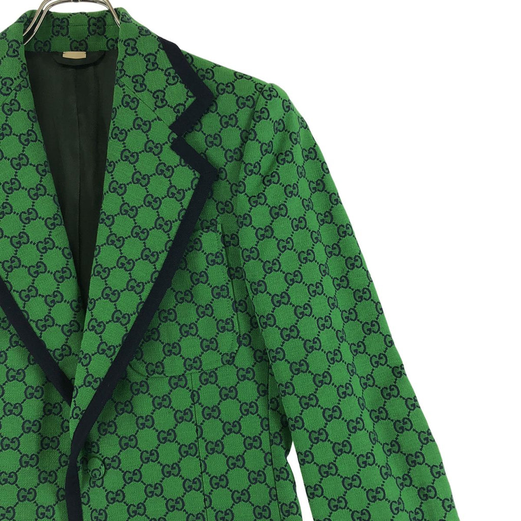 GUCCI GG Jacquard All-Over Pattern Tailored Jacket — Green/Navy, Size 44
