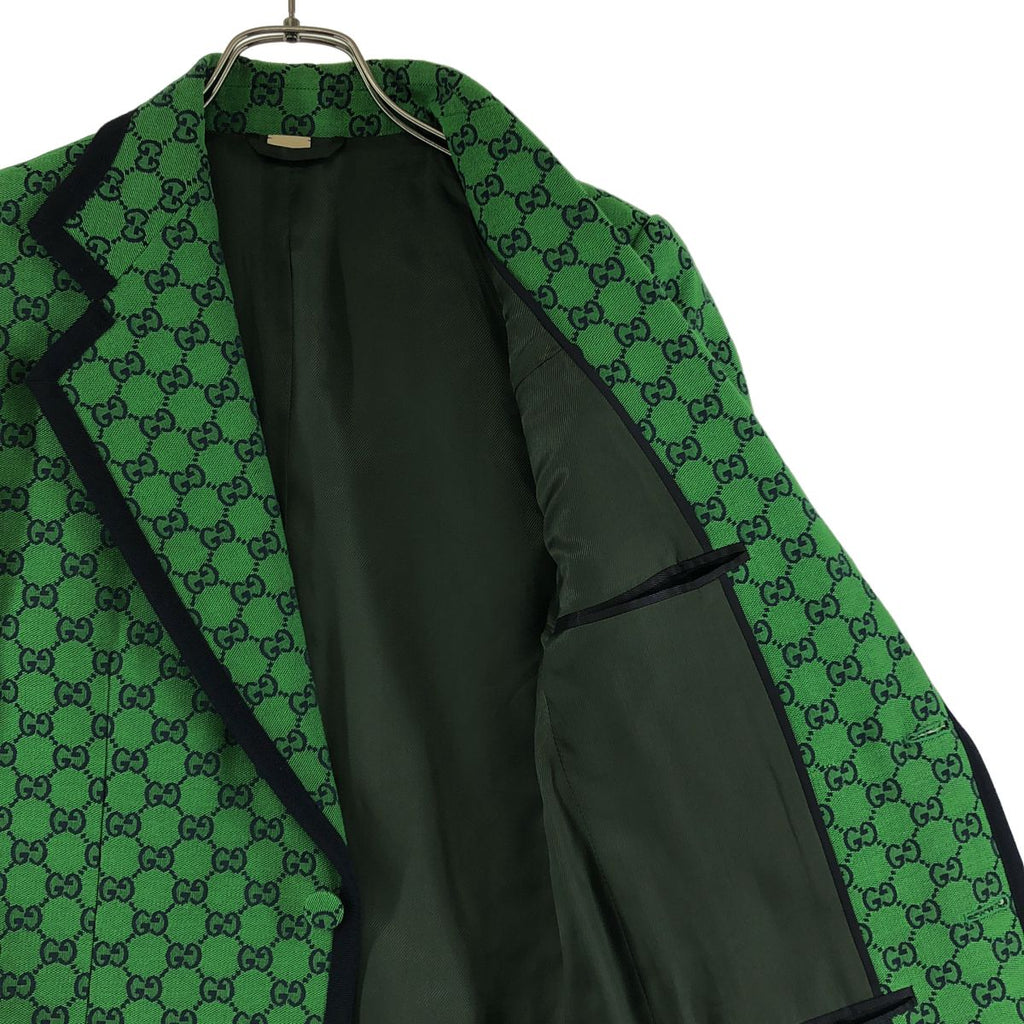 GUCCI GG Jacquard All-Over Pattern Tailored Jacket — Green/Navy, Size 44