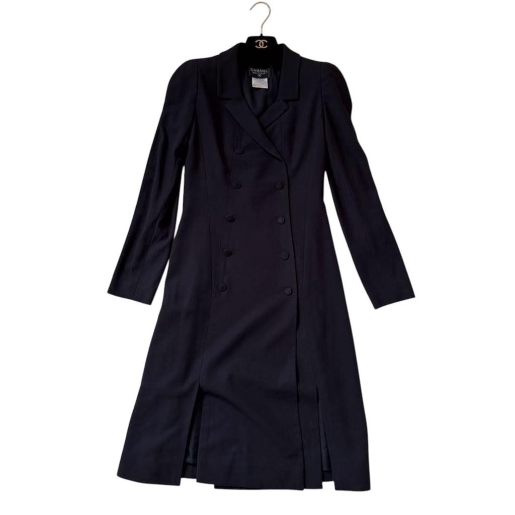 CHANEL 97A CC Logo Double-Breasted Long Coat Navy Size 34