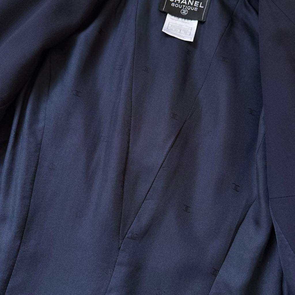 CHANEL 97A CC Logo Double-Breasted Long Coat Navy Size 34