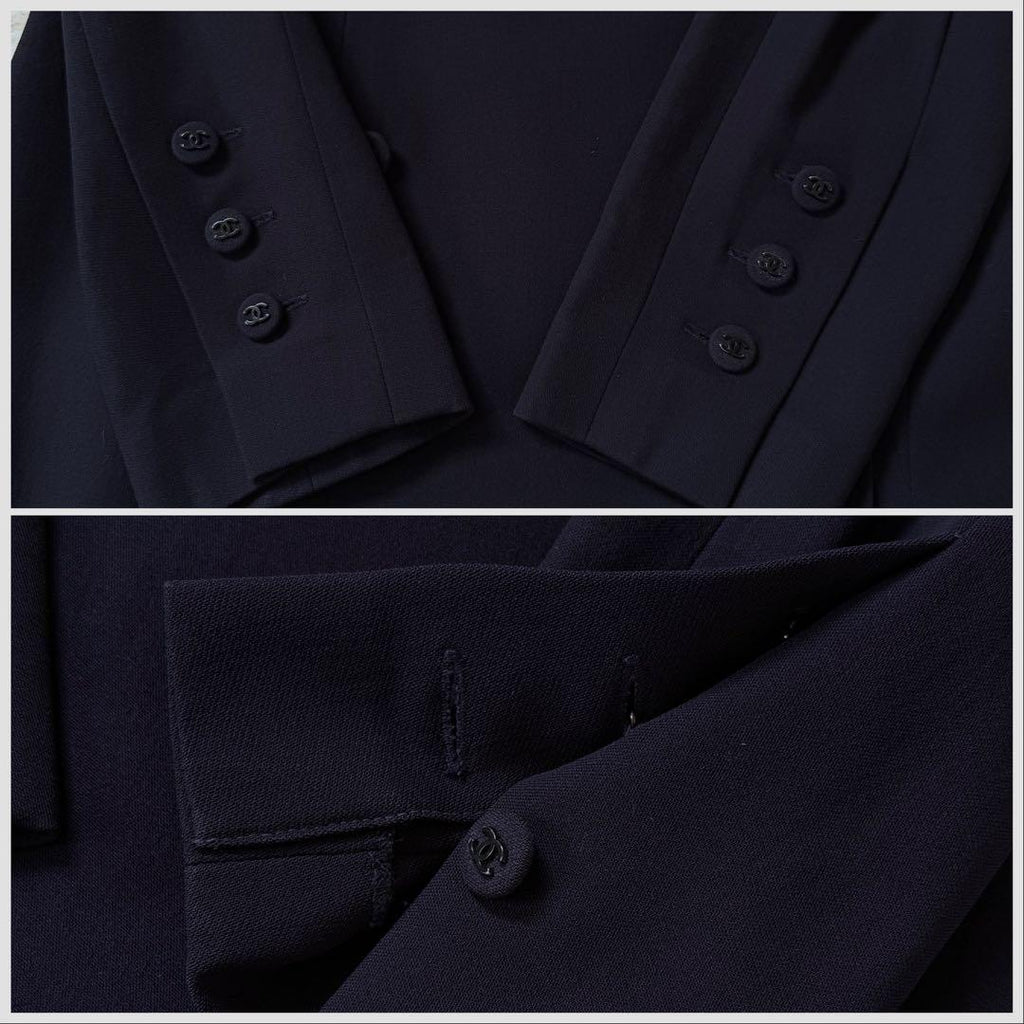 CHANEL 97A CC Logo Double-Breasted Long Coat Navy Size 34