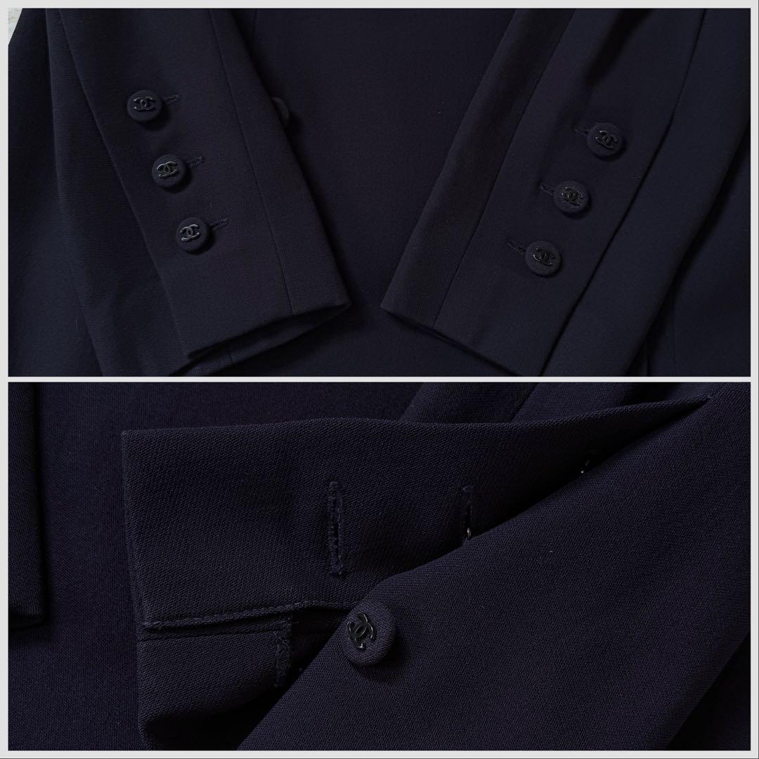CHANEL 97A CC Logo Double-Breasted Long Coat Navy Size 34
