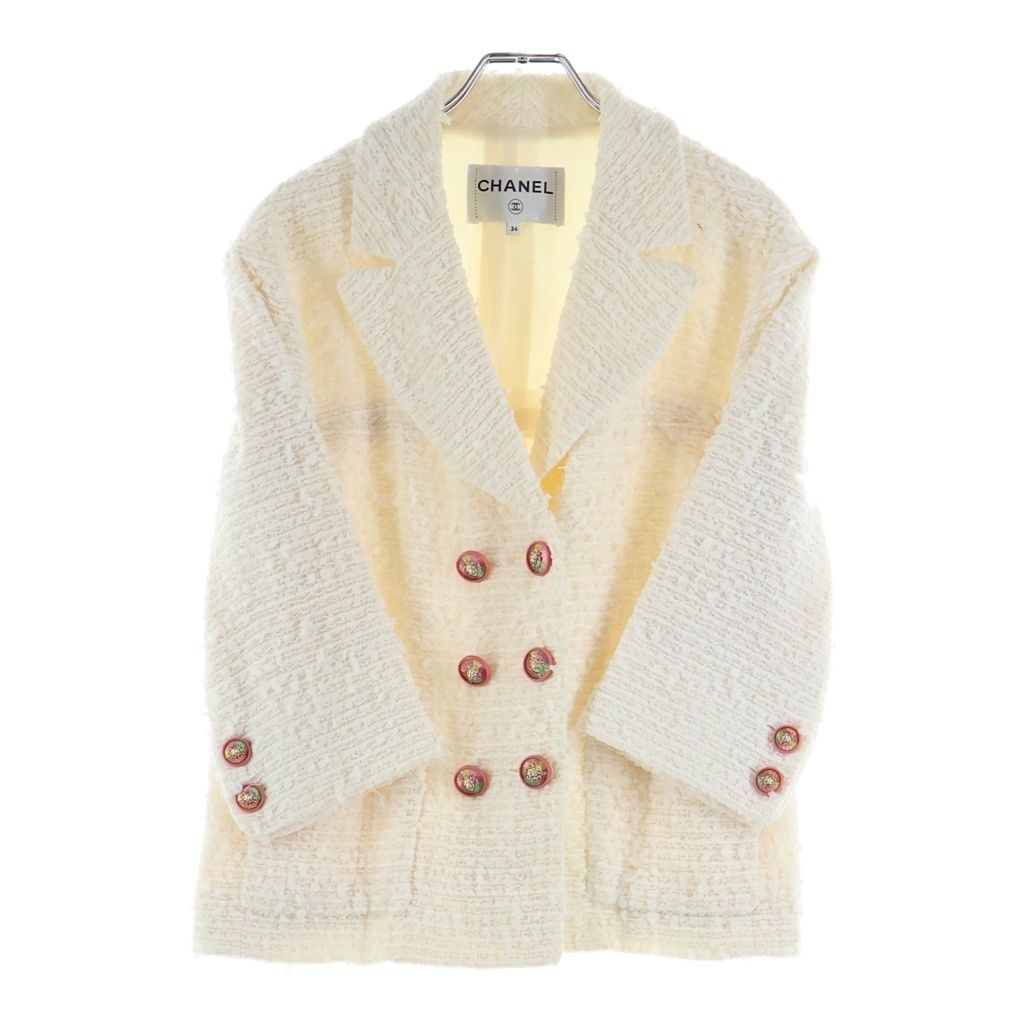 CHANEL Lion Button Double-Breasted Tweed Jacket Ivory Size 34