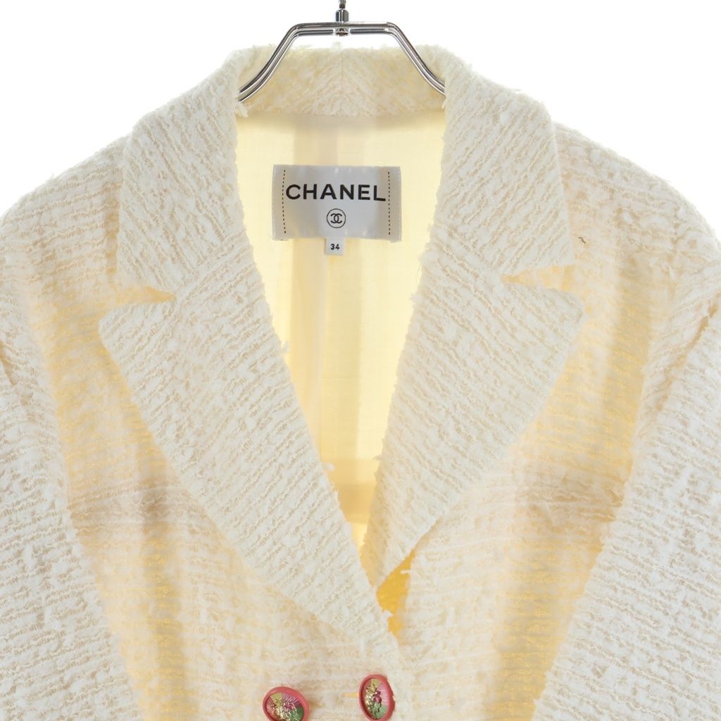 CHANEL Lion Button Double-Breasted Tweed Jacket Ivory Size 34