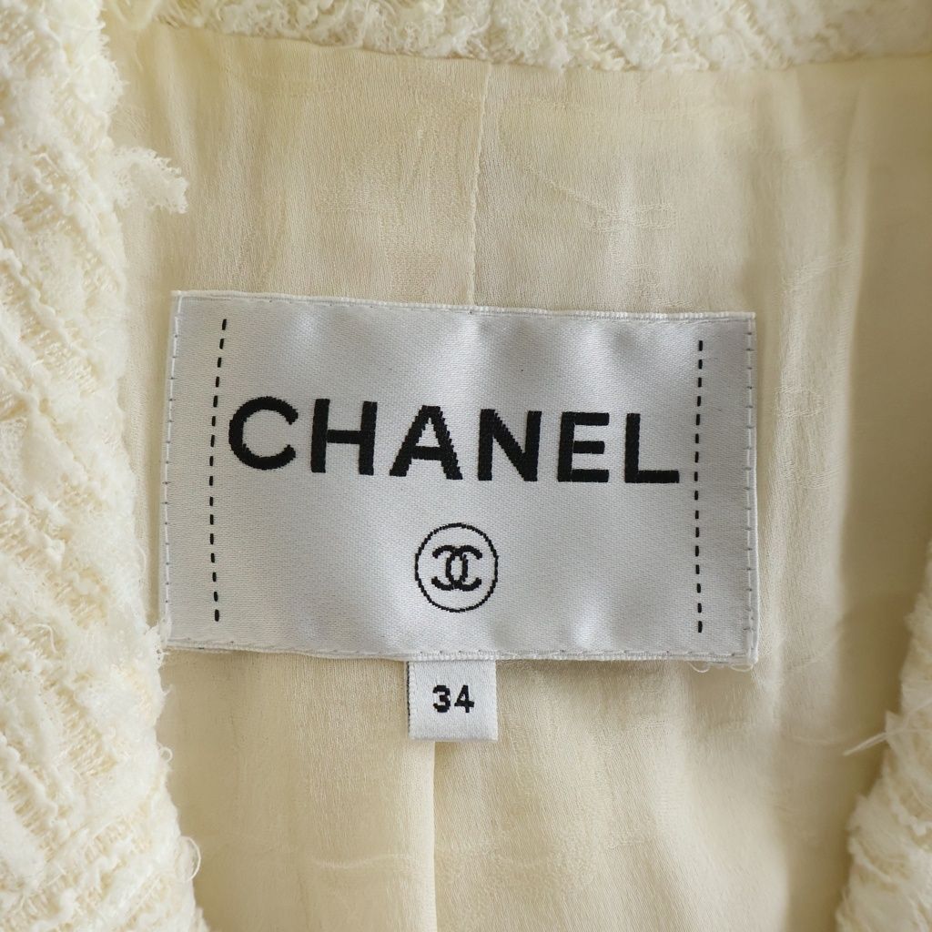 CHANEL Lion Button Double-Breasted Tweed Jacket Ivory Size 34