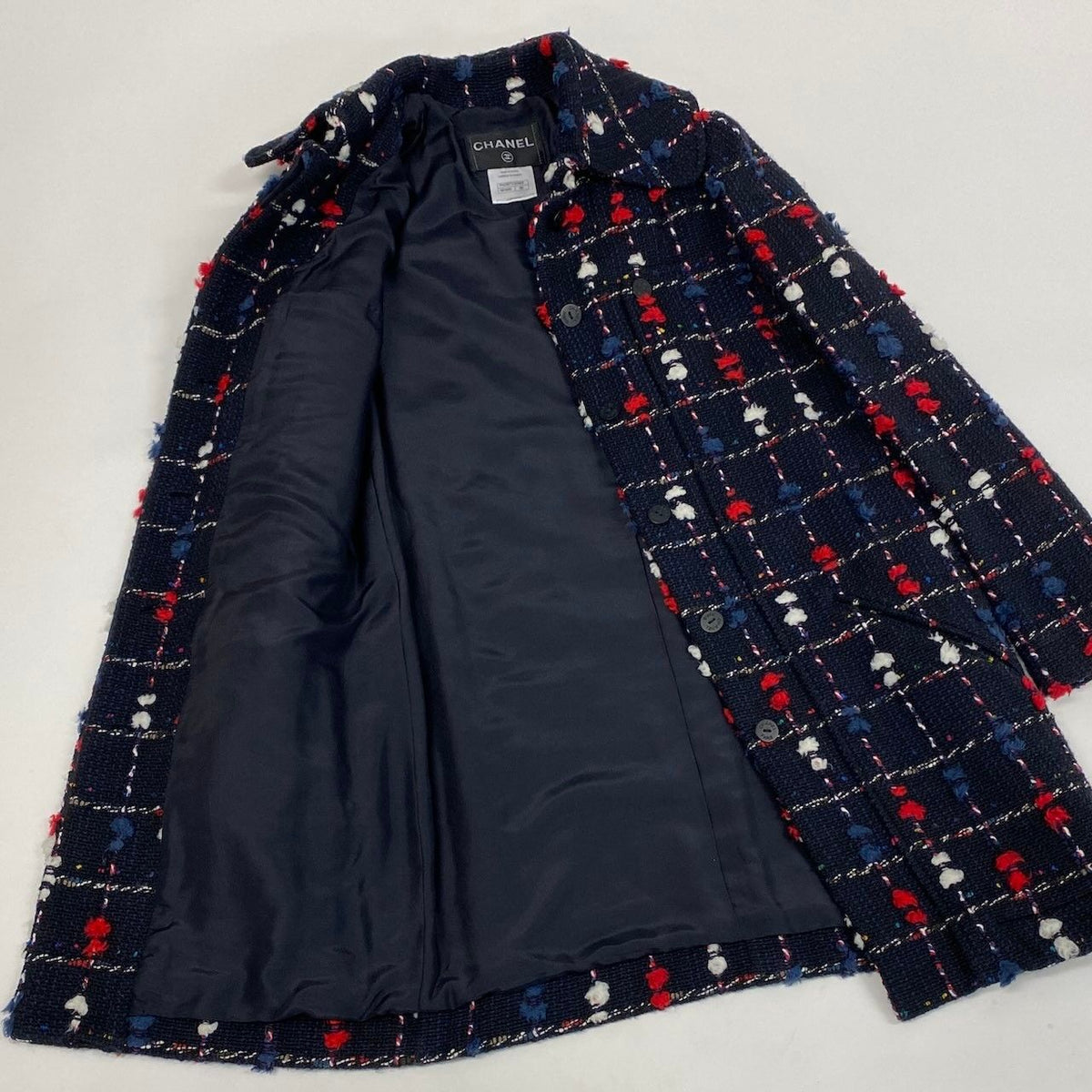 CHANEL CC Button Tweed Soutien Collar Coat Navy P42157 Size 36