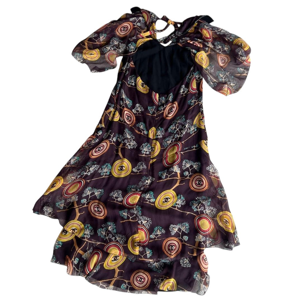 CHANEL Coco Mark Flower Print Silk Dress Size 38