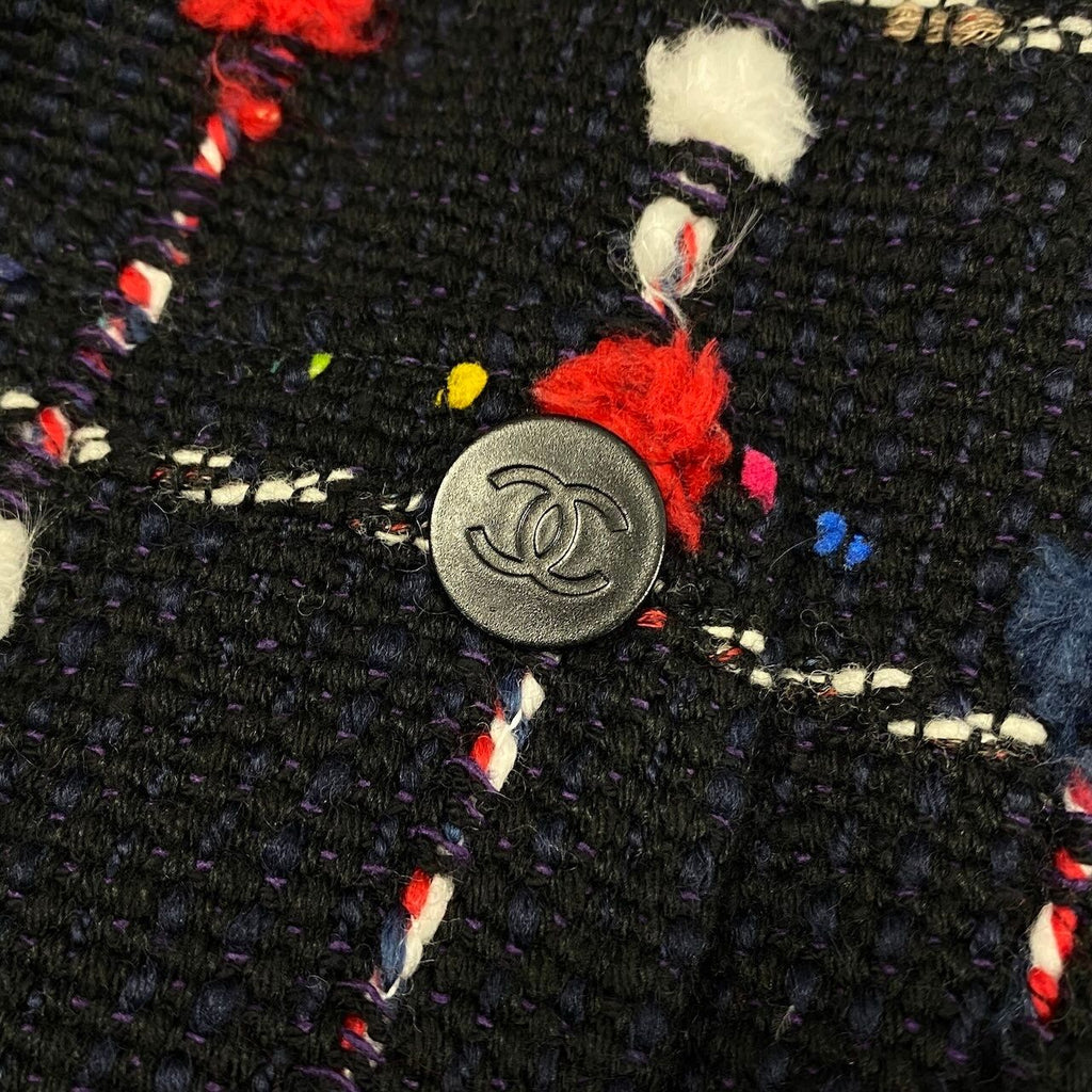 CHANEL CC Button Tweed Soutien Collar Coat Navy P42157 Size 36