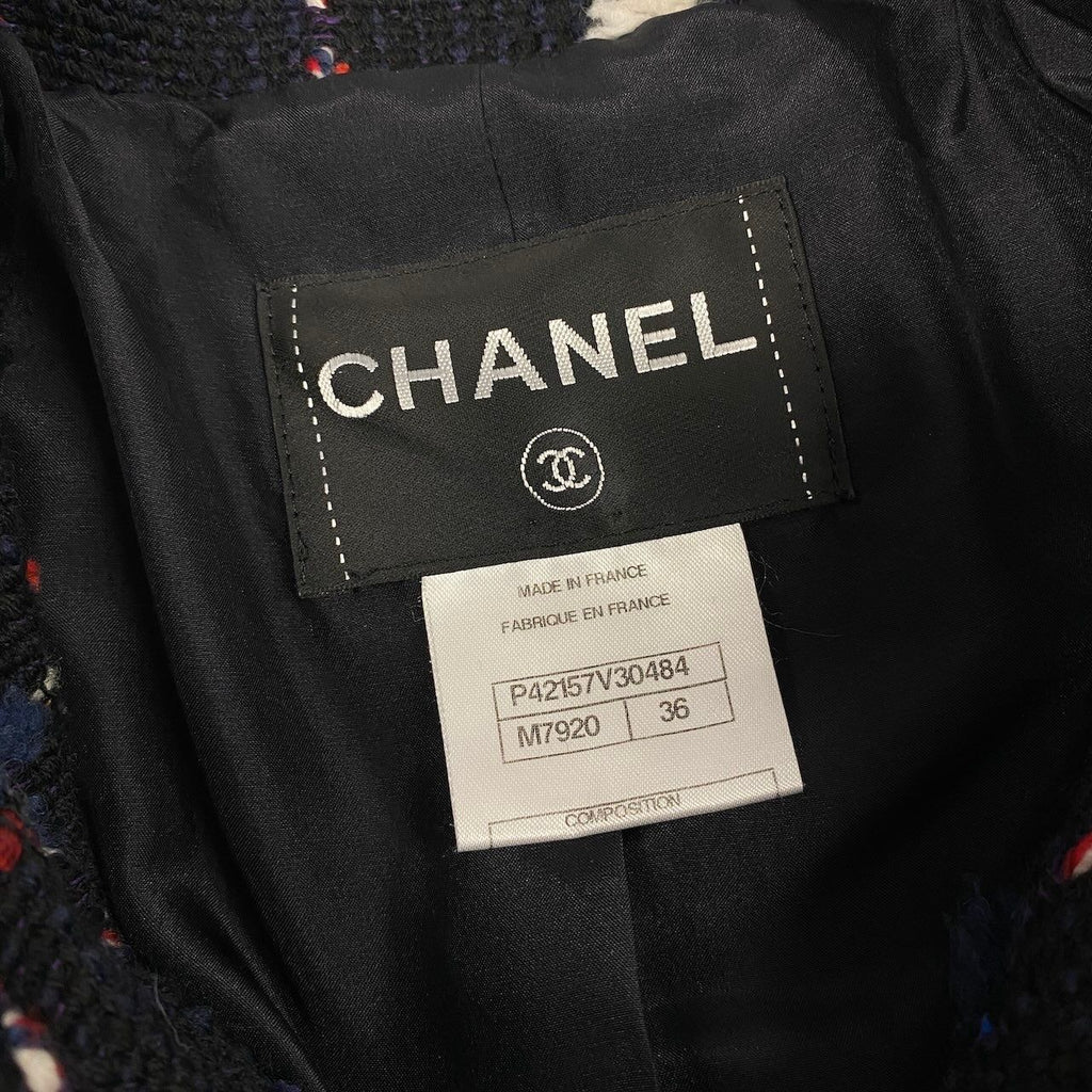 CHANEL CC Button Tweed Soutien Collar Coat Navy P42157 Size 36