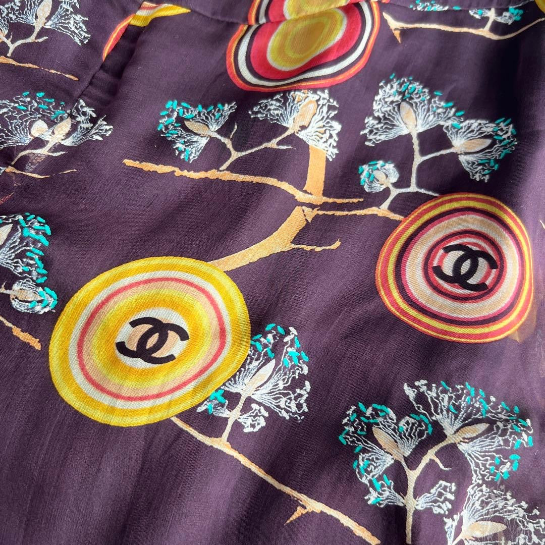 CHANEL Coco Mark Flower Print Silk Dress Size 38